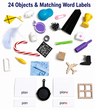 Load image into Gallery viewer, Montessori Silent E (Magic E) Object Box | 24 Objects &amp; Word Labels | Long Vowel Phonics Reading