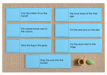 Load image into Gallery viewer, Montessori Blue Series Sentence Cards with Objects | 12 Phonetic Reading Cards | Hands-On Reading Activity