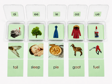 Load image into Gallery viewer, Montessori Green Series Phonogram set Two Picture Cards &amp; Word Cards | Set 1 (ai, ee, ie, oa, ue)