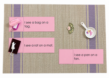 Load image into Gallery viewer, Montessori Pink Series Sentence Cards with Rhyming Objects | 12 CVC Reading Cards