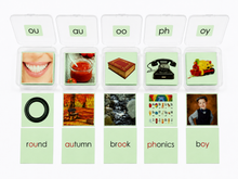 Load image into Gallery viewer, Montessori Green Series Phonogram set Two Picture Cards &amp; Word Cards | Set 2 (ph, au, ou, oy, oo)