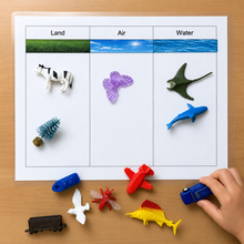 Load image into Gallery viewer, Montessori Land, Air &amp; Water Sorting Activity – Miniature Objects &amp; Sorting Chart