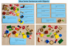 Load image into Gallery viewer, Montessori Blue Series Sentence Cards with Objects | 12 Phonetic Reading Cards | Hands-On Reading Activity