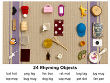 Load image into Gallery viewer, Montessori Pink Series Sentence Cards with Rhyming Objects | 12 CVC Reading Cards