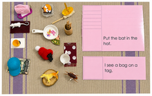 Load image into Gallery viewer, Montessori Pink Series Sentence Cards with Rhyming Objects | 12 CVC Reading Cards