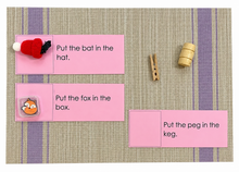 Load image into Gallery viewer, Montessori Pink Series Sentence Cards with Rhyming Objects | 12 CVC Reading Cards