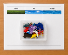 Load image into Gallery viewer, Montessori Land, Air &amp; Water Sorting Activity – Miniature Objects &amp; Sorting Chart