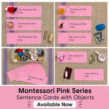 Load image into Gallery viewer, Montessori Pink Series Sentence Cards with Rhyming Objects | 12 CVC Reading Cards