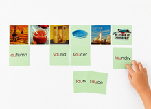 Load image into Gallery viewer, Montessori Green Series Phonogram set Two Picture Cards &amp; Word Cards | Set 2 (ph, au, ou, oy, oo)