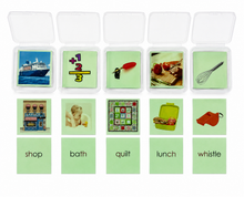 Load image into Gallery viewer, Montessori Green Series Phonogram set one Picture Cards &amp; Word Cards | Set 1 (sh, wh, ch, th, qu)