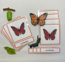 Load image into Gallery viewer, Montessori Butterfly Life Cycle Classification Set with Miniature Objects, 3-Part Cards, and Description Cards