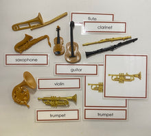 Load image into Gallery viewer, Montessori Musical Instruments Classification Set with Miniature Instruments, 3-Part Cards, and Description Cards
