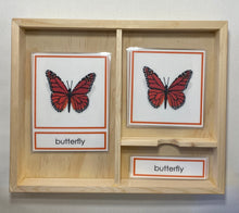 Load image into Gallery viewer, Montessori Butterfly Life Cycle Classification Set with Miniature Objects, 3-Part Cards, and Description Cards