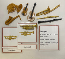 Load image into Gallery viewer, Montessori Musical Instruments Classification Set with Miniature Instruments, 3-Part Cards, and Description Cards