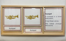Load image into Gallery viewer, Montessori Musical Instruments Classification Set with Miniature Instruments, 3-Part Cards, and Description Cards