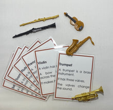 Load image into Gallery viewer, Montessori Musical Instruments Classification Set with Miniature Instruments, 3-Part Cards, and Description Cards