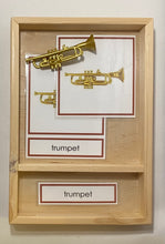 Load image into Gallery viewer, Montessori Musical Instruments Classification Set with Miniature Instruments, 3-Part Cards, and Description Cards
