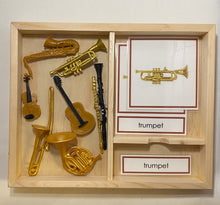Load image into Gallery viewer, Montessori Musical Instruments Classification Set with Miniature Instruments, 3-Part Cards, and Description Cards