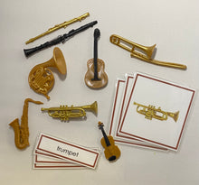 Load image into Gallery viewer, Montessori Musical Instruments Classification Set with Miniature Instruments, 3-Part Cards, and Description Cards