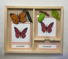 Load image into Gallery viewer, Montessori Butterfly Life Cycle Classification Set with Miniature Objects, 3-Part Cards, and Description Cards