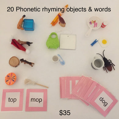 Montessori Pink series, 20 Rhyming Phonetic Objects and Words.